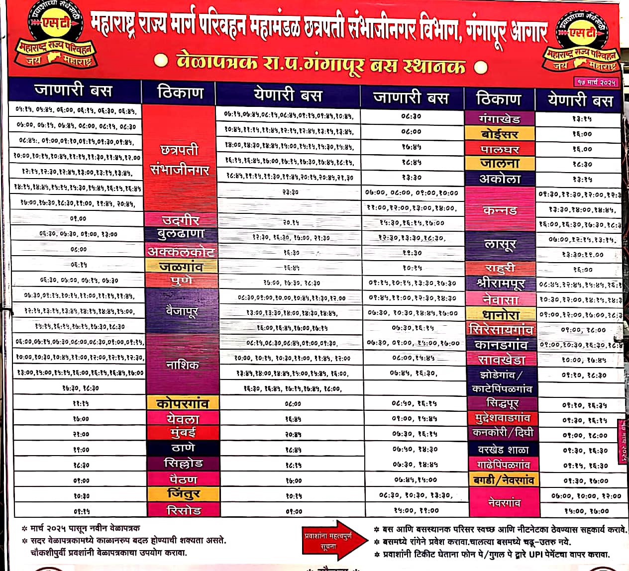 gangapur bus stand time table
